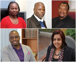 UKZN Academics heading the two Mellon Projects are clockwise from left: Professors Nobuhle Hlongwa, Stephen Mutula, Nogwaja Zulu, Maheshvari Naidu and Ernest Khalema.
