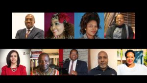 At the roundtable event are (clockwise from top left) Professor Nana Poku, Dr Maserole Kgari-Masondo, Professor Vivian Ojong, Professor Lebo Moletsane, Ms Pearl Thwala, Mr Calvin Thomas, Professor Simangaliso Kumalo, Dr Bongani Ngqulunga, and Professor Maheshvari Naidu.